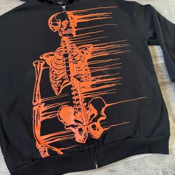 Black and orange skeleton zip up hoodie 00s grunge style y2k skull pile men’s M - Picture 3 of 6